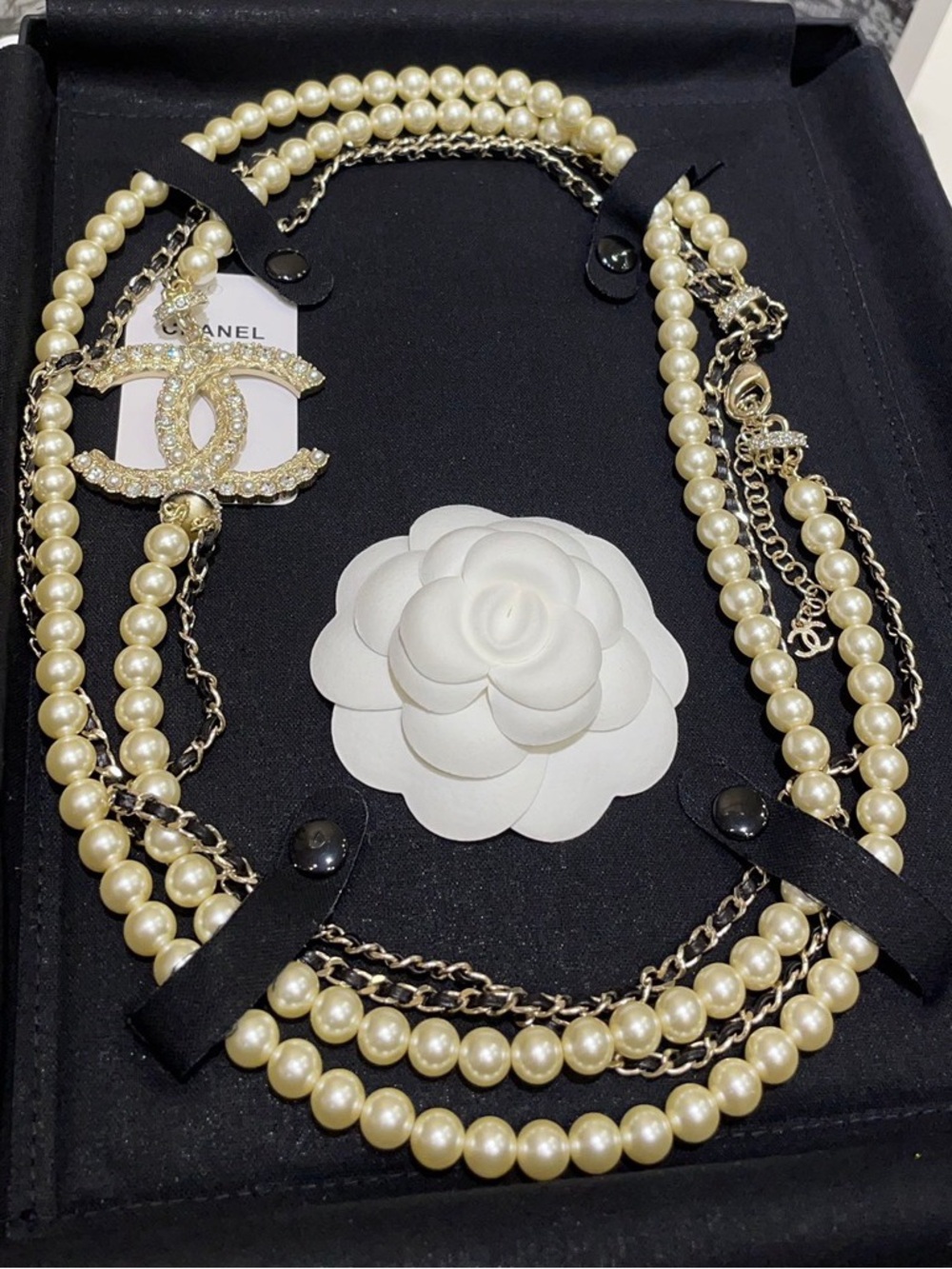 CHANEL Ivory Pearl Multi-Strand Necklace with Gold Crystal CC Charm